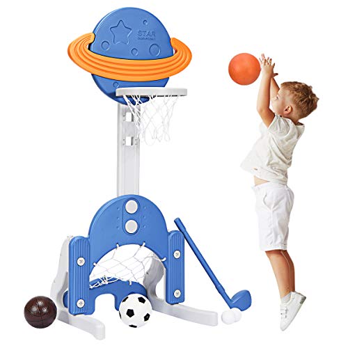 Costzon Kids Basketball Hoop, Toddler Sports Activity Center w/ 5 Adjustable Height Levels, Basketball Soccer Golf Game Set, Indoor Outdoor Basketball Hoop Set Gift for Baby Infant - color: Blue Galaxy, size: 22.5" x 22.5" x 59.5''(L X W X H)