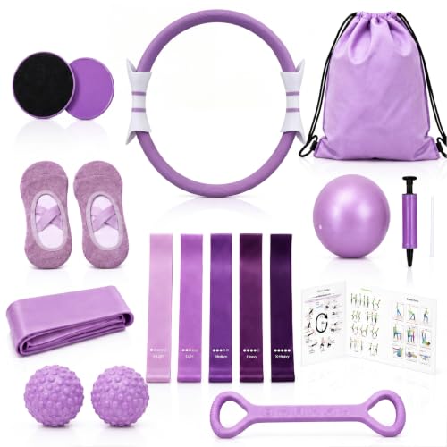 Hoikwo Purple TPE Pilates Kit for Home Workout, Complete Set with Pilates Ring, Resistance Bands, Yoga Ball, TPE Bands, TPR Massage Ball, Sliders, Along with an 8-Shape Band and Non-Slip Socks