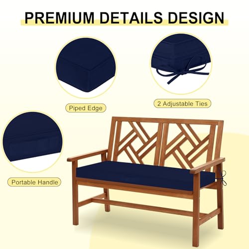 downluxe Outdoor Bench Cushion Waterproof, 48 x 18 Inch Patio Furniture Cushions with Adjustable Ties & Portable Handle, Porch Swing Cushions, Bench Cushions for Outdoor Furniture, Navy - color: Navy, size: 48x18x3 Inch