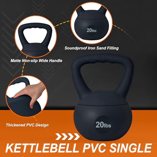 soges PVC One-Piece Kettlebell with Wide Handles, Strength Training Kettlebells 5lb to 35lb Optional for Women of Different Levels, Iron Sand Filled Soft Kettlebell - color: 20lbs - Black