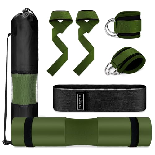 Gym Barbell Pad Set: 7 PCS Gym Equipment Accessories | Hip Thrusts Pad for Squats Ankle Strap for Cable Machine Hip Resistance Band Weight Lifting Strap and Carry Bag - color: Green