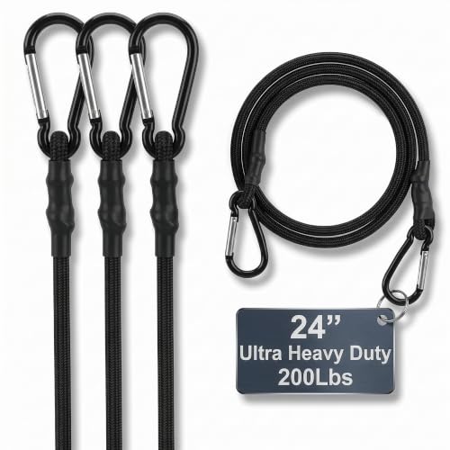 Bungee Cords with Carabiner Hooks Heavy Duty, 24", 200 Lbs Load, 4 Pcs | Elastic Tie Down Straps, Rubber & Latex, Anti-Rust Steel Hooks, 2X Stretch, Waterproof, UV Resistant; Camping, Tarps & Car - size: 24 Inch (Pack of 4)