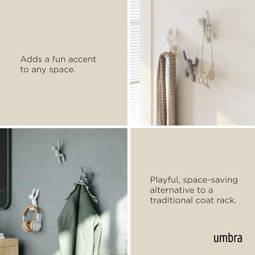 Umbra Buddy Wall Hooks, Decorative Wall Mount Coat Hooks, Set of 3, Grey | Easy install with hardware, holds 5lbs per hook, entryway bedroom bathroom dorm, playful hanging storage, recycled plastic - color: Gray