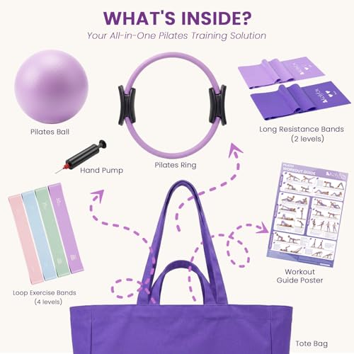 Pilates Kit for Home Workouts with 15" Pilates Ring, Core Ball & Bands | Pilates Set for Beginners with Tote Bag & Guide, Pilates Equipment for Full-Body Training