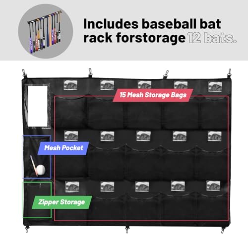 Hikeen Baseball Helmet Bag with Bat Rack for 15 Players Baseball Softball Dugout Organizer Helmets Gloves Balls Organize Storage