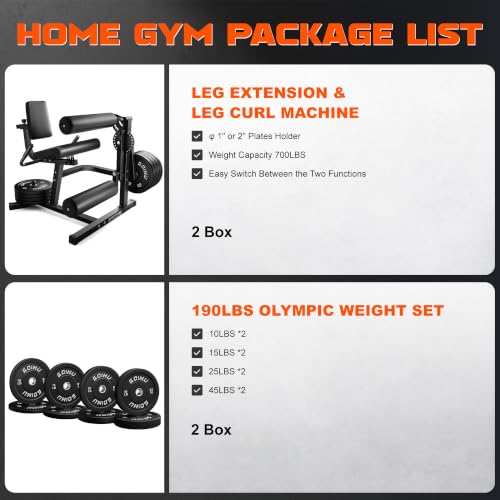 Leg Extension and Curl Machine, 4 in 1 Lower Body Workout Machine, Adjustable Leg Curl Machine with Plate Loaded, Leg Extension Machine with Exercise Bench, Home Gym Weight Machine - style: Black with 190lbs Weight Plates