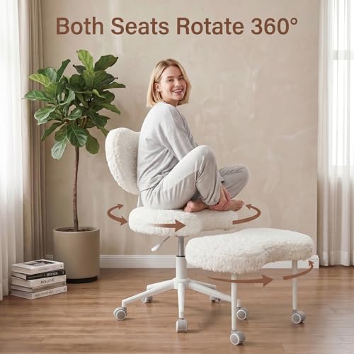 Cross Legged Office Chair with Wheels, 360 Swivel Height-Adjustable Meditation Chair with Lumbar Support, Beige - color: Beige, size: Heart Back
