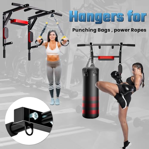 Wall Mounted Pull Up Bar and Dip Station, Heavy Duty Pull-up Chin Up Bar for Indoor Home Gym Workout, Power Tower Set Training Equipment Fitness Dip Stand Supports to 440 Lbs Black
