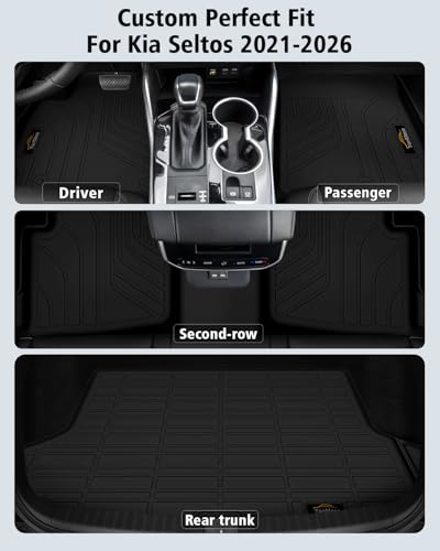 Floor Mats & Cargo Liner Custom for Kia Seltos 2021-2025 2026, Door Sill Protectors, All Weather TPE Anti-Slip 1st & 2nd Row & Trunk Mat for Seltos 2025 Accessories, Black (Upper Cargo Floor Liner) - size: For Kia Seltos 2021-2026