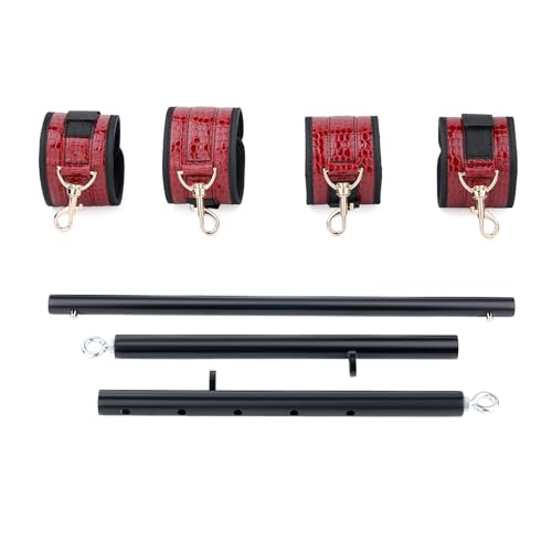 Spreader Bar Heavy Duty Stainless Steel Expandable Silver Bar Home Gym with 4pcs Furry Purple Adjustable Straps,Sports Aid Training Fitness Gear Pilates Aid Kit - style: Black+PU Crocodile Red