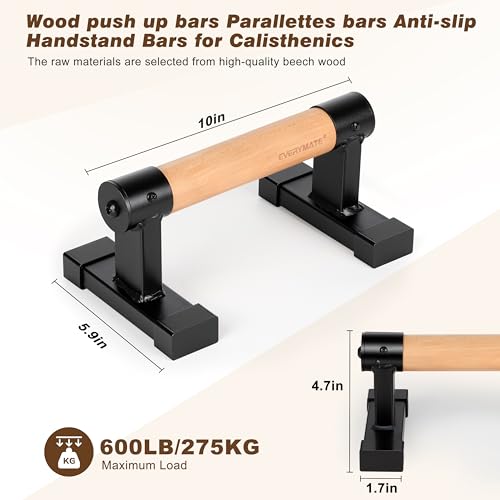 EVERYMATE Wood Push Up Bars Parallettes Bars with Rubber Feet, Anti-slip Handstand Bars for Calisthenics, Equipment for Home, Push Up Handles for Floor, Handstand Push Up Handles, Support 600 LB - size: B