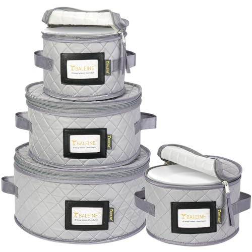 BALEINE China Storage Containers, Sturdy Quilted Wine Glass Storage, Plate Organizer with Carry Handles, Moving Boxes for Dishes, Cups, Mugs and Stemware (Plate Set, Soft Shell Grey) - color: Grey, style: Plate Set-Soft Shell