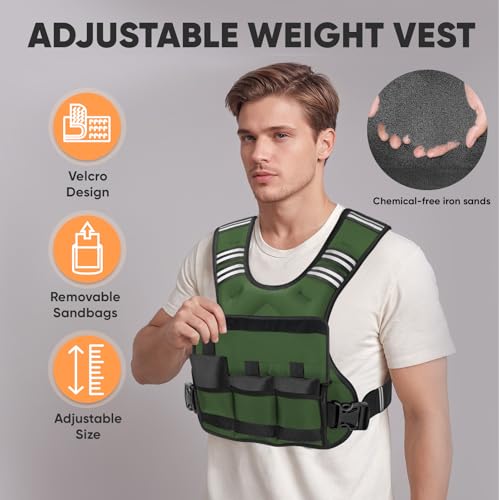 APEXUP Adjustable Weighted Vest, 4-10lb/12-18lb/20-32lb Vest with 6 Ironsand Weights and Large Pocket, Weight Vest for Men Women Strength Training, Running, Walking - color: Green, size: 12-18lbs