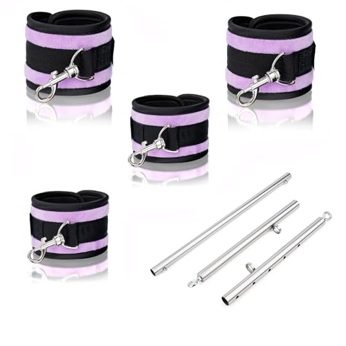Spreader Bar Heavy Duty Stainless Steel Expandable Silver Bar Home Gym with 4pcs Furry Purple Adjustable Straps,Sports Aid Training Fitness Gear Pilates Aid Kit - style: Silver+Purple Furry Kit