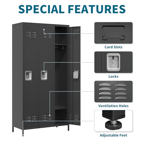 72" Height Metal Locker for Employees with 3 Door,Heavy Duty Steel Storage Lockers with Card Slot for Home Office School Gym Garage,Locker with Lock for Sports,Employees,Assembly Required - color: Black