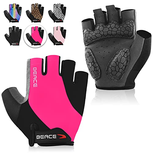 BEACE Gloves for Cycling Bike Biking Half Finger Road Bicycle for Men and Women-5MM Breathable Anti-Slip Shock-Absorbing Pad Gym Motorcycle Light Weight Mountain Bike Gloves - color: Rose Red, size: Small