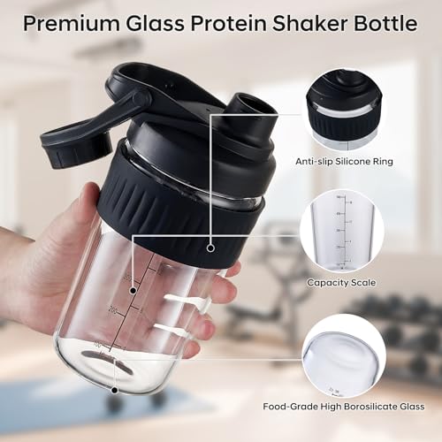 16oz Glass Shaker Bottle for Protein, Small Borosilicate Glass Protein Powder Leak-Proof Shaker Cup Mixes with 304 Blending Ball(16oz,Black) - color: 1 Pack-Black, size: 16oz