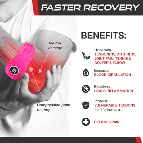 Sleeve Stars Tennis Elbow Brace for Men & Women, Elbow Brace for Tendonitis, Tennis Elbow Strap, Golfers Elbow Brace, Elbow Support Wrap for Tennis Elbow Relief, Fits 9"-23" (Single/Hot Pink) - color: Hot Pink