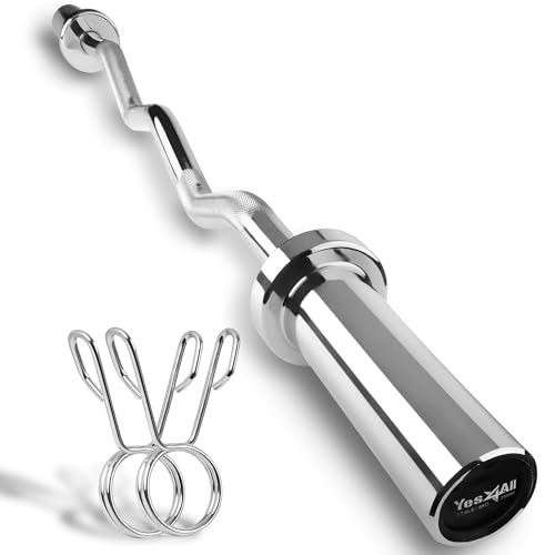 Yes4All Standard Straight Barbell 60" & EZ Curl Bar 47", Capacity 200 to 480 LB, Weight Bar 1" to 2" Diameter - Star Lock Collars, Rubber Ring, Barbell Spins Included for Deadlifts & Squats - color: F: Olympic Curl Bar 2" - 300LB, style: C. Olympic Curl B