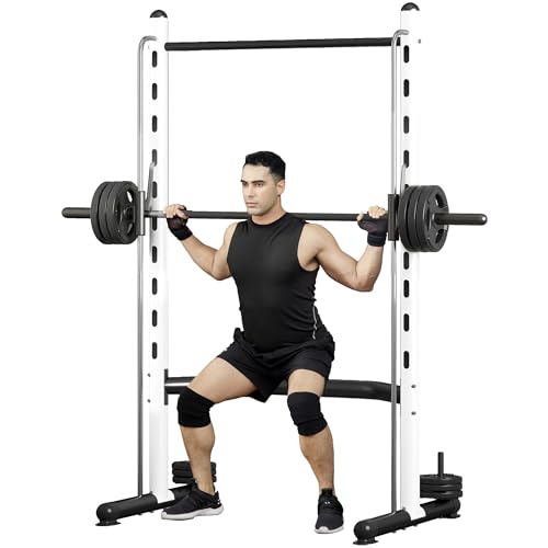 Soozier Squat Rack with Pull-Up Bar, Adjustable Power Rack with Barbell Bar, Multi-Functional Steel Bench Press Rack for Home Gym Strength Training, Black - color: White