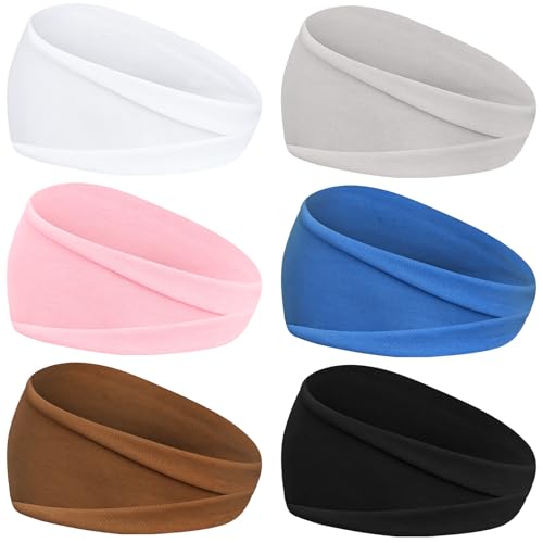 YARIEW 6Pcs Headbands Paisley Bandanas Head Bands Sweat Band Hair Wrap Headwrap Fashion Boho Wide Thick Workout Yoga Elastic Headbands Mens Cooling Running Sports Headband Sweatbands for Women and Men - color: Grey, Navy, Brown, White, Pink, Black