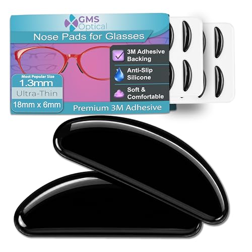 GMS Optical Adhesive Silicone Nose Pads for Glasses |1.3mm Ultra-Thin, 18mm Large | Non Slip Glasses Grips for, Sunglasses and Eyewear w/Super Sticky Backing, Eyeglass Accessories (10 Pairs, Black) - color: Black - 10 Pair
