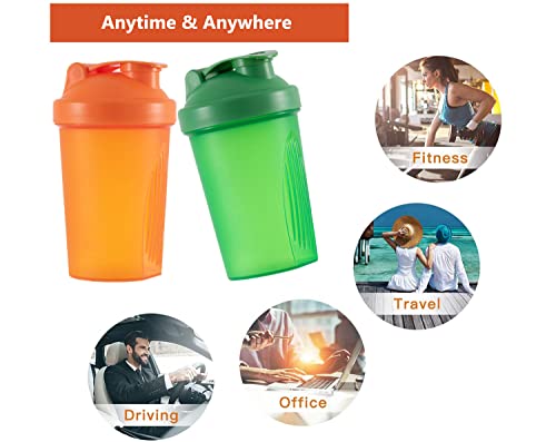ANNAKIKI Shaker Bottle Protein Shakes and 13.5-OZ/400ml Shaker-Bottle with Whisk Balls,BPA-FREEE plastic (Orange+Green(2PCS))