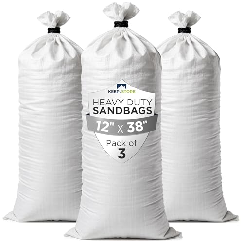 Heavy Duty Sand Bags Pack of 3, White Empty Sandbags with Built-In Ties, Woven Polypropylene UV Protection 1600 Hours, Fillable Bags for Flood Control, Weight, 38x18 inches, 90 Pounds Volume