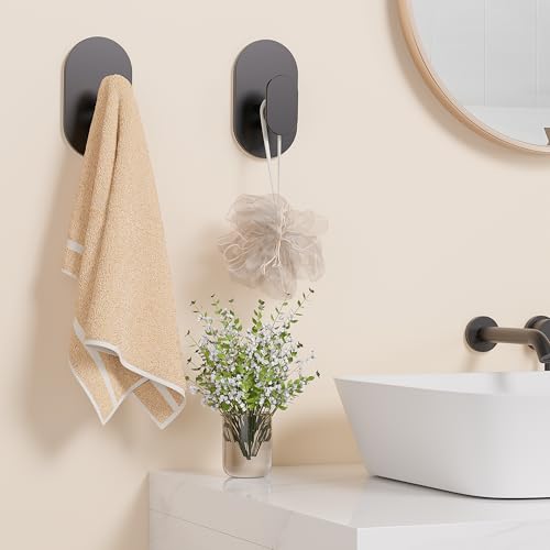 Aikzik Adhesive Hooks, 26LB Extra Strong Heavy Duty Wall Hooks for Hanging Coat, Robe, Towel, Dogs' Leads and Collars Stainless Steel Waterproof Stick on Bathroom/Shower, Door - 2 Pack (Matte Black) - color: Black-2