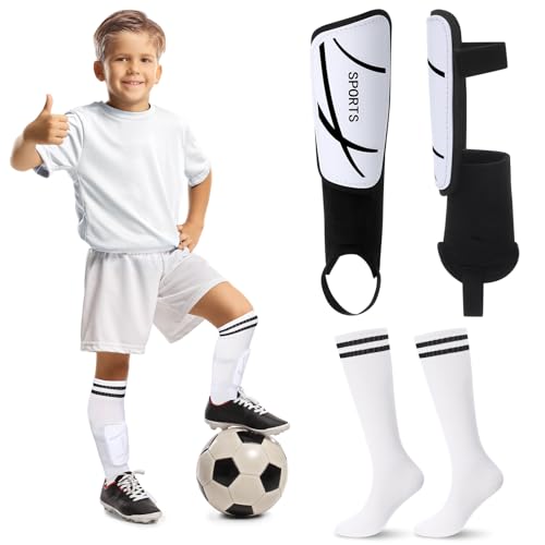 Soccer Shin Guards and Socks Kids Youth Lightweight Soccers Pads Defender with Ankle Protection Ski Shin Guards Football Equipment for Age 4-14 Toddler Boy Girl - color: White, size: Medium