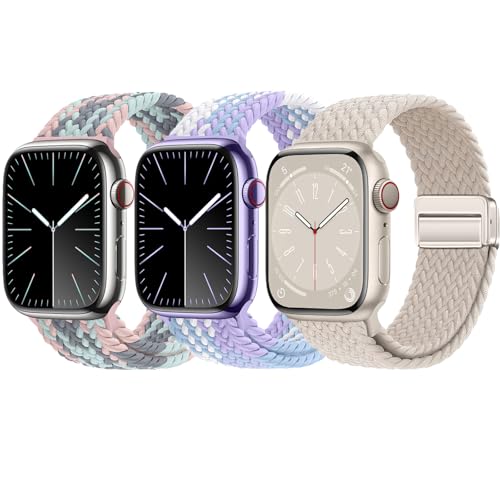 3 Pack Braided Sport Loop Band Compatible with Apple Watch Bands Ultra 3&2 1 49mm 46mm 45mm 44mm 42mm 41mm 40mm 38mm Men Women; Stretchy Nylon Solo Loop Strap for iWatch Series 11 10 9 8 7 6 SE 5 4 3 - color: Starlight/Gray Pink Blue/Violet, size: 38MM/40