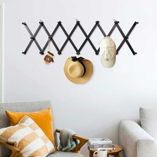 SCUNDA Wall Rack with 20 Hooks, Wooden Wall Expandable Coat Rack for Coat, Hats, Baseball Caps, Coffee Mug, Jewelry(Black) - color: Black, size: 20 Hooks
