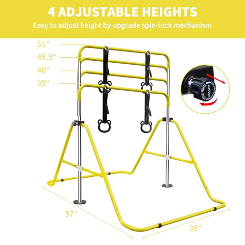 Gymnastics Bars for Kids with Rings, Junior Kip Training Bars Equipment for Home, Folding Height Adjustable Horizontal Bars - color: Yellow