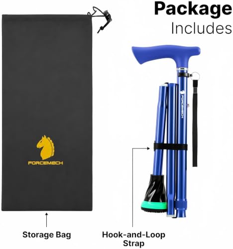 FORCEMECH GlowGuard Foldable Walking Cane for Men & Women, Adjustable Heavy Duty Cane with Glow Tip & Extra-Wide Tip - color: Gloss Blue