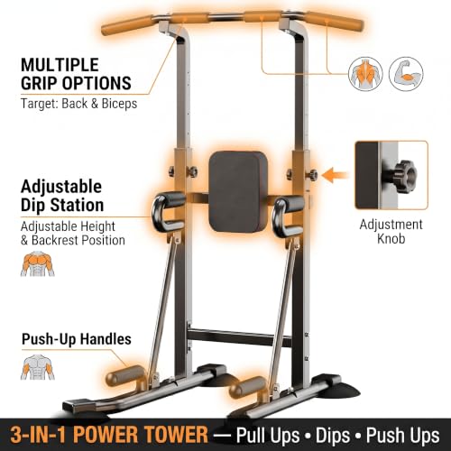 Power Tower Pull Up Bar Station, 450 lbs Capacity, Heavy-Duty 2" Steel Frame, Stable X-Base, Adjustable Dip Station for Home Gym