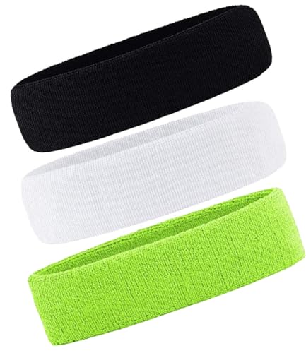 3 Pack Men & Women Sports Sweatbands Headbands - color: Green,White,Black