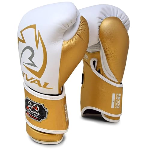 RIVAL Boxing RB100 Professional Bag Gloves, 6mm of D30 Padding, Handcrafted Microfiber, Innovative Wrist Lock 3 System - color: White/Gold, size: Small