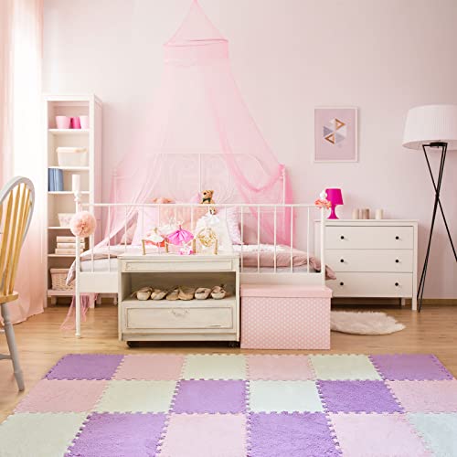 Amylove 72 Pieces Plush Foam Floor Mat Square Interlocking Carpet Tiles with Border 12 x 12 x 0.4 in Fluffy Play Mat Floor Tiles Soft Climbing Area Rugs for Home Playroom(White, Pink, Purple) - color: White, Pink, Purple