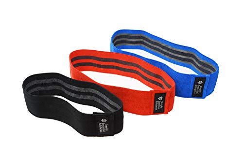 Non-Slip Heavy-Duty Exercise Loop Bands for Strengthening Hips, Glutes, Legs by Providing Resistance in Training & Support in Squats & Lifting. Three Lengths of Bands in a Tote Bag - color: black/red/blue