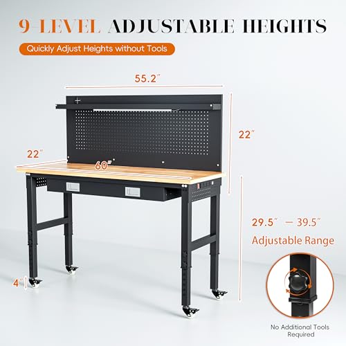 Betterhood 60" Heavy Duty Adjustable Workbench with Large Pegboard & LED Light, Adjustable Work Table with Power Outlets & Lockable Wheels, Rubber Wood Workstation for Garage, Workshop, Office, Home - size: Large Pegboard/Power Outlets/Drawer/Light/60"x22