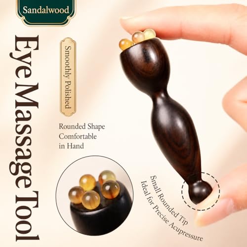 Eye Massage Tool, Sandalwood Eye Massager Tool with 5 Smooth Horn Beads, Dual-End Eye Roller Tool for Puffy-Looking Eyes, Eye Massage Stick for Face and Under Eye Self Care, 1 Pack - color: Deep Wood Tone