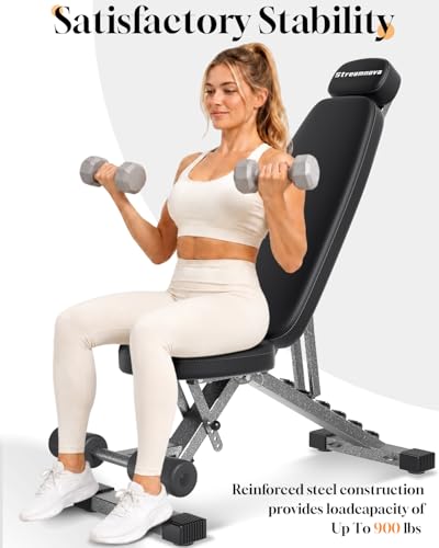 Fitness Bench, Adjustable, Comfortable, Fashionable, Foldable and Extended Headrest with 192 Positions Incline Decline 900LBS Home Gym Bench for Strength Training - color: Black