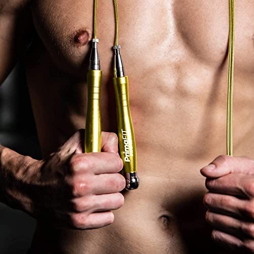 PrimaFIT Pro Speed Jump Rope for Adults, Weighted Skipping Rope for Boxing | Adjustable Jumping Rope for Fitness Workout & CrossFit Exercise, Double Unders, Handle Weights, 3m Cables 2 Protectors, Bag - color: Golden