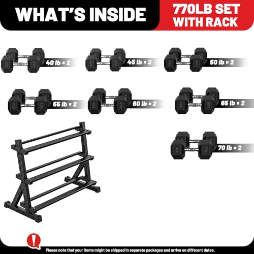 PAPABABE Dumbbell Set with Rack, 540-850lb, Rubber Encased, Home Gym | Complete & Durable Cast Iron Core Odorless PVC Antiroll Hex Shape Ergonomic Chrome Handle Versatile Home Gym - size: 770LB with 3-Tier Weight Rack