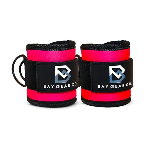 Bay Gear Co. Ankle Straps – Strong Hook and Loop System & Neoprene Padded for Cable Machine Glute Workouts, Slick Black Stainless Steel D Ring, Adjustable Fit, Different Design, Single/Pair. - color: Pink, size: Pair