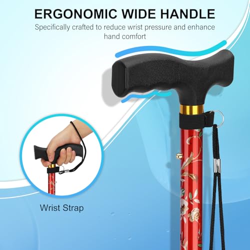 supregear Folding Cane, Lightweight 5-Level Adjustable Walking Stick with Wrist Strap and T-Handle, Portable Mobility Aid for Elderly and Disabled Men and Women - color: Floral Red