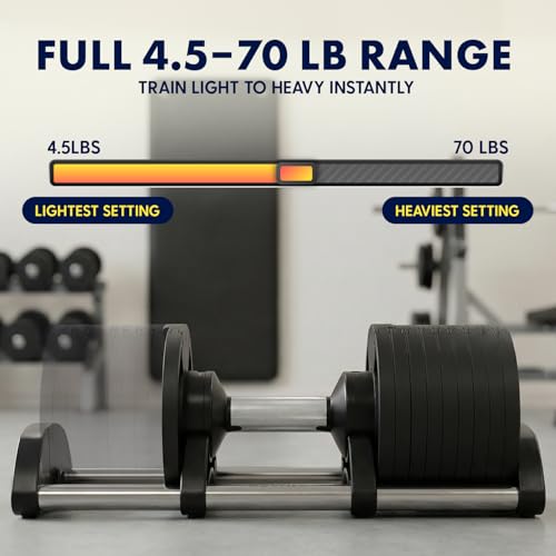 SQUATZ Adjustable Dumbbells with Quick Weight Change, Space-Saving Dumbbell Set with Anti‑Slip Handle, Secure Locking System, Heavy‑Duty Plates & Base for Home Workout and Strength Training - size: 70 LB - Single
