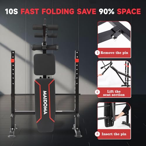 MAIDOMA 1500LBS Foldable 8 IN 1 Weight Bench Set, Adjustable Flat Incline Decline Bench Press with Upgraded Wide Squat Rack and Leg Extension for Full Body Home Gym Workout (US Stock) - color: Dull Black