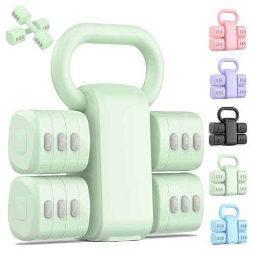 2-in-1 Adjustable Dumbbell Set, 4-Level Weights for Women | Convertible Dumbbell & Kettlebell, Adjustable 2.2-5.5lb Each, Quick-Change Button, Compact for Home Gym, Office & Outdoor - color: Green