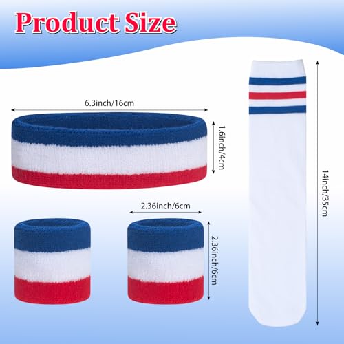 ONUPGO 5 Pieces Kids Sweatbands Soccer Socks Set - Sports Headband, Wristbands, Striped High Socks for Kids, Youth,Toddler & Baby - Football, Basketball, Running, Cycling, Tennis - color: Red/White/Blue